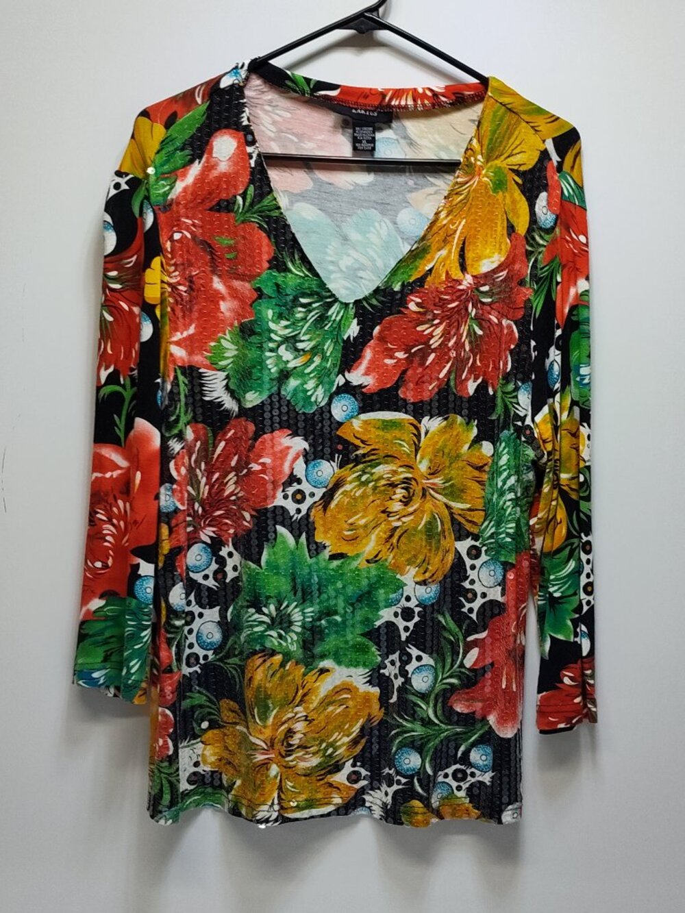 KAKTUS Floral Sequin Top Women Size XL V-Neck 3/4 Sleeve Stretch Knit Tunic